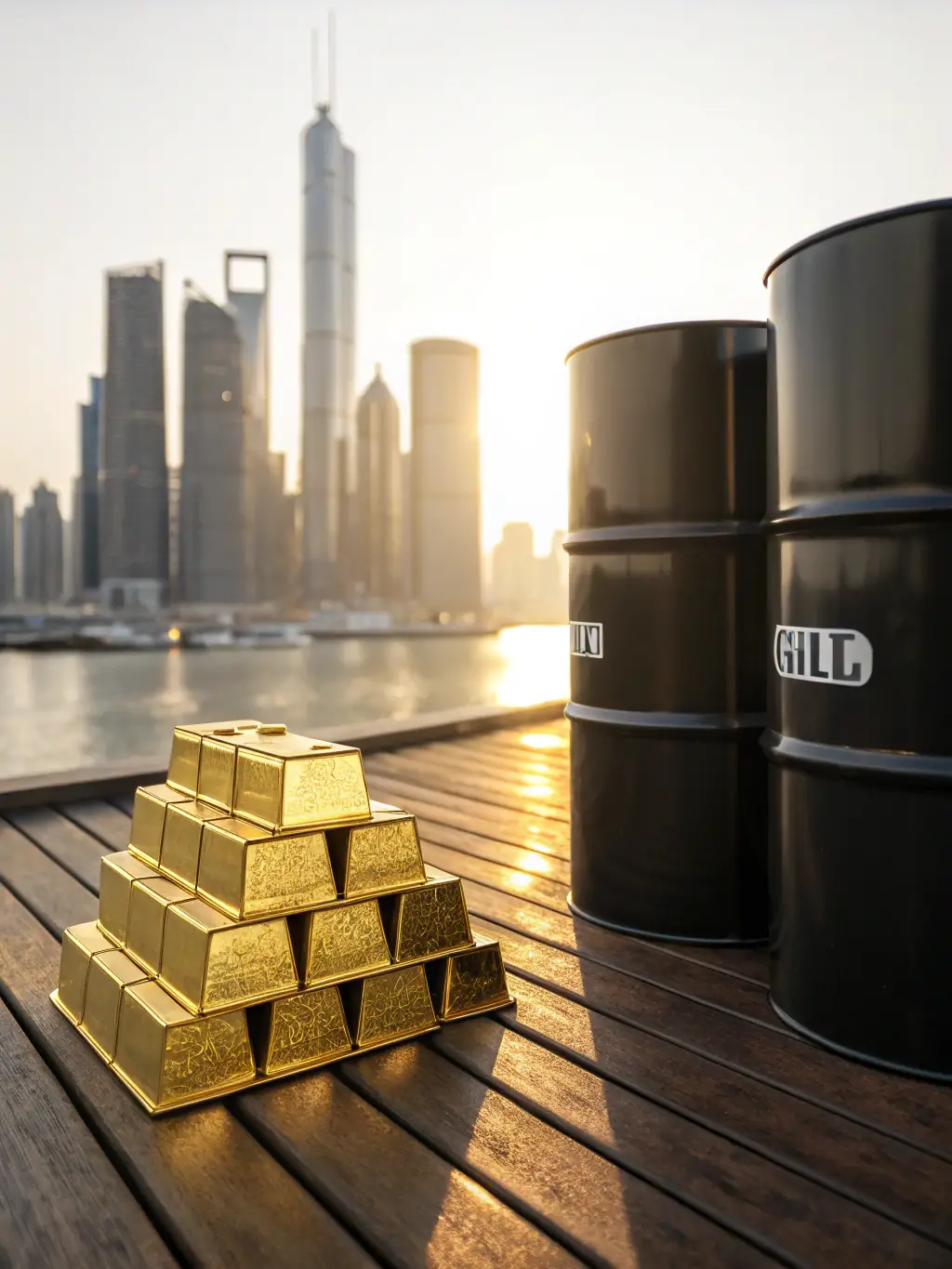 A close-up shot of gold coins stacked neatly, symbolizing wealth and Sharia-compliant investments, set against a blurred background of a modern cityscape.