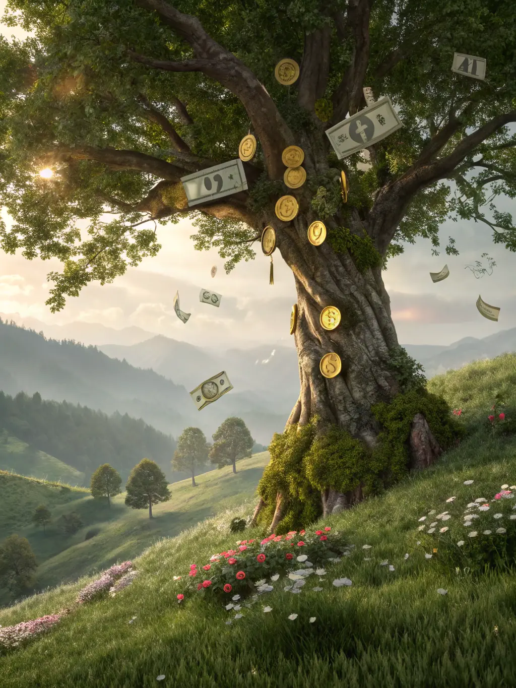 An image of a growing tree with financial icons, representing long-term growth and stability.